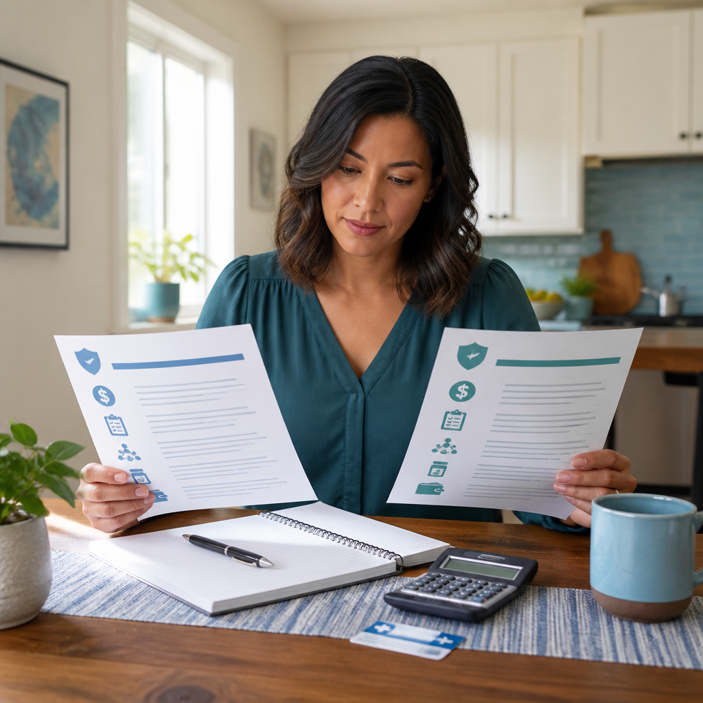 Person comparing health insurance plans with a calculator and coverage documents