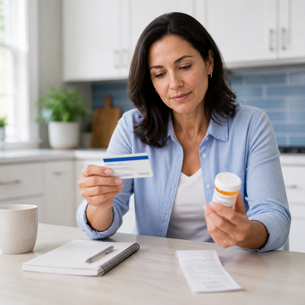 Prescription drug coverage documents and a prescription bottle on a table