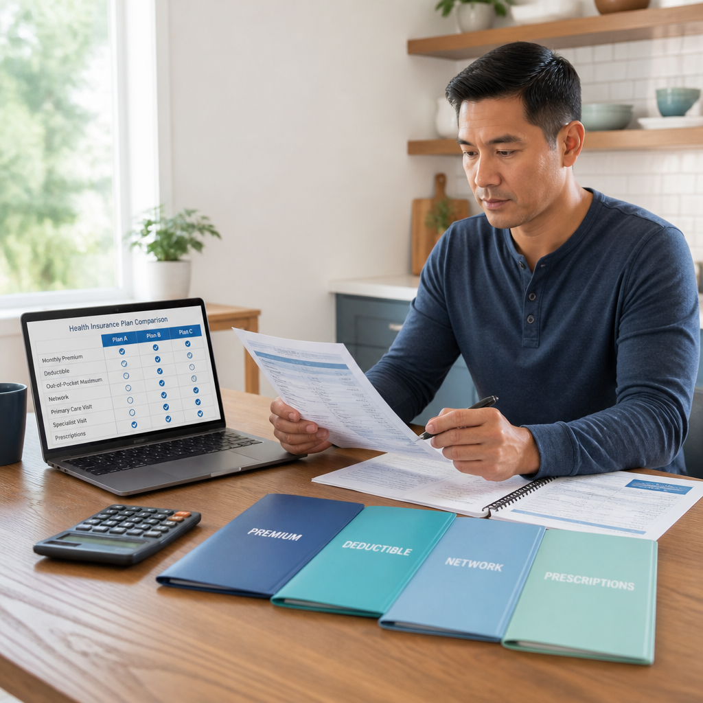 Person comparing health insurance plans with a cost and coverage worksheet