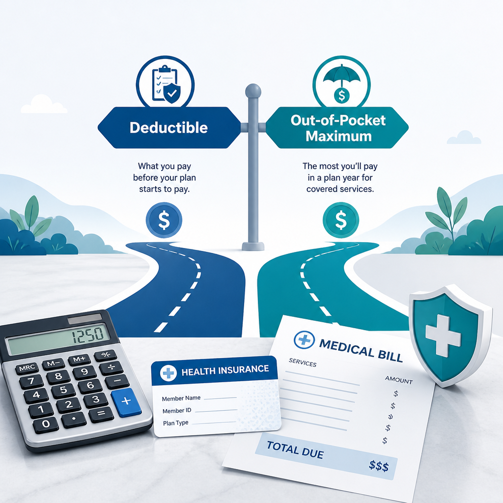 Deductible vs out-of-pocket maximum comparison with a health insurance card and medical bills