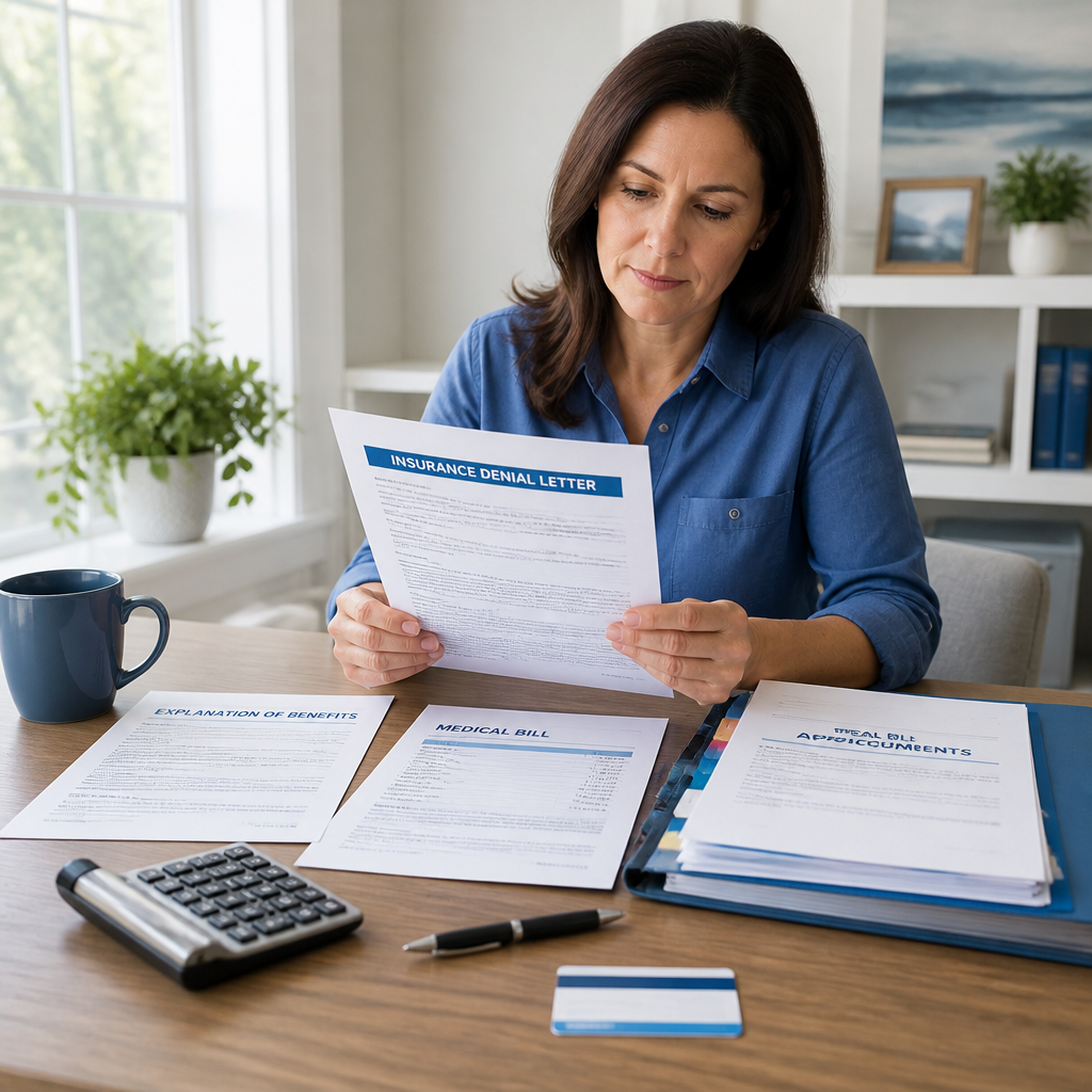 Person reviewing a denied health insurance claim appeal documents